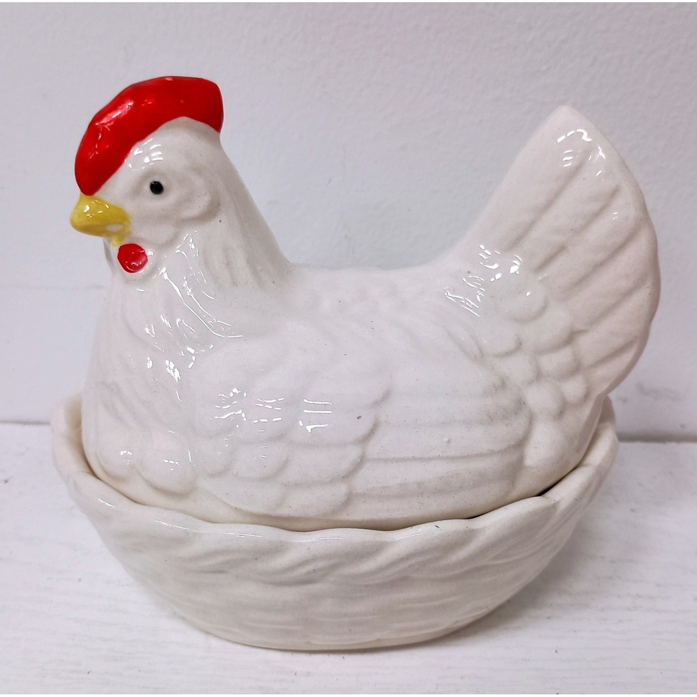 Vintage Hen On Nest Ceramic Covered Dish White Small Farmhouse Country Decor